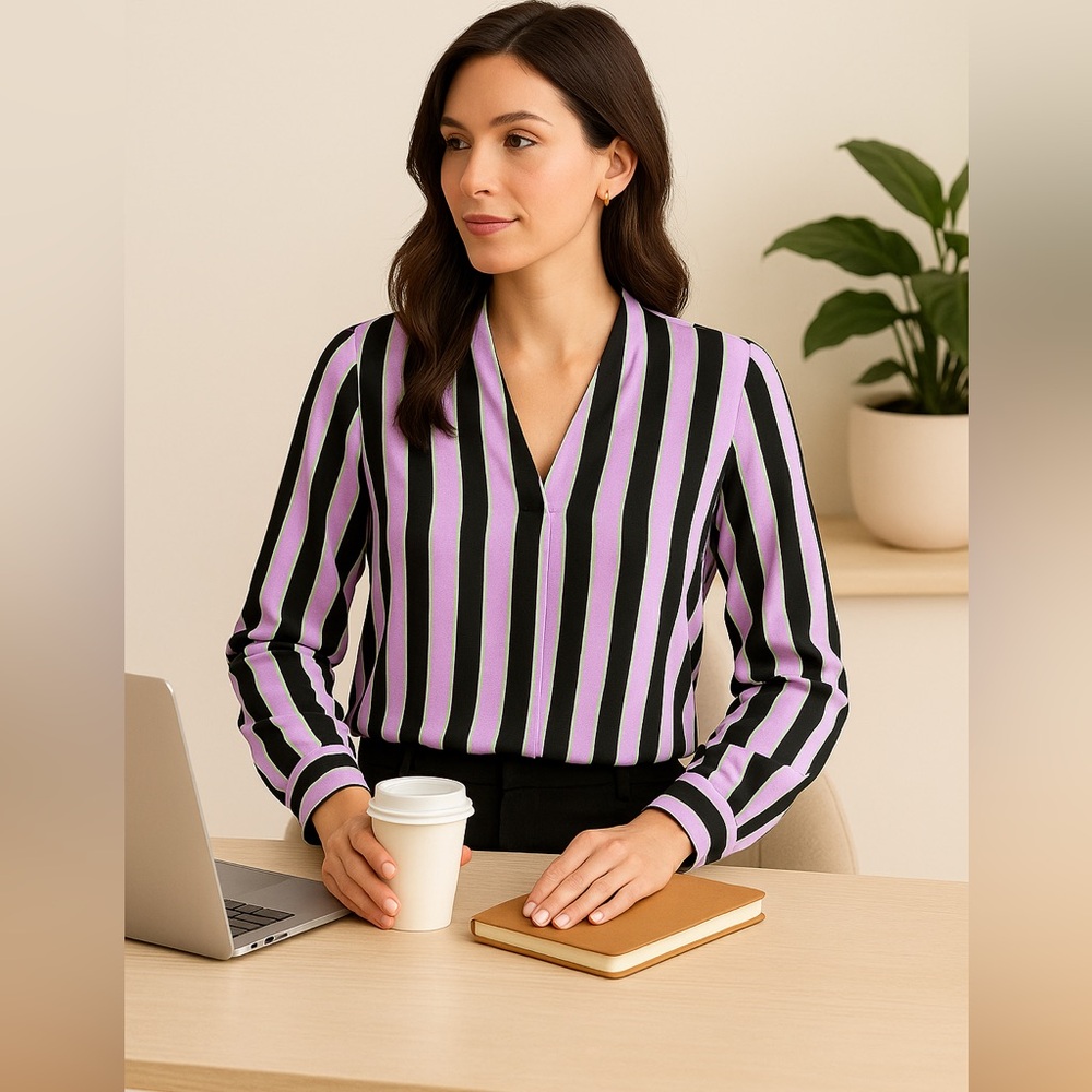 Halogen Striped V-Neck Blouse Hidden Button Placket Lavender Black Mint Size M